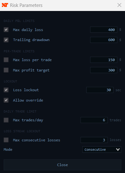 Remora Flow risk parameter settings